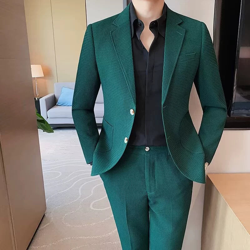 Green Waffle Suit Men Coat Slim Business Casual 2 Piece Suit