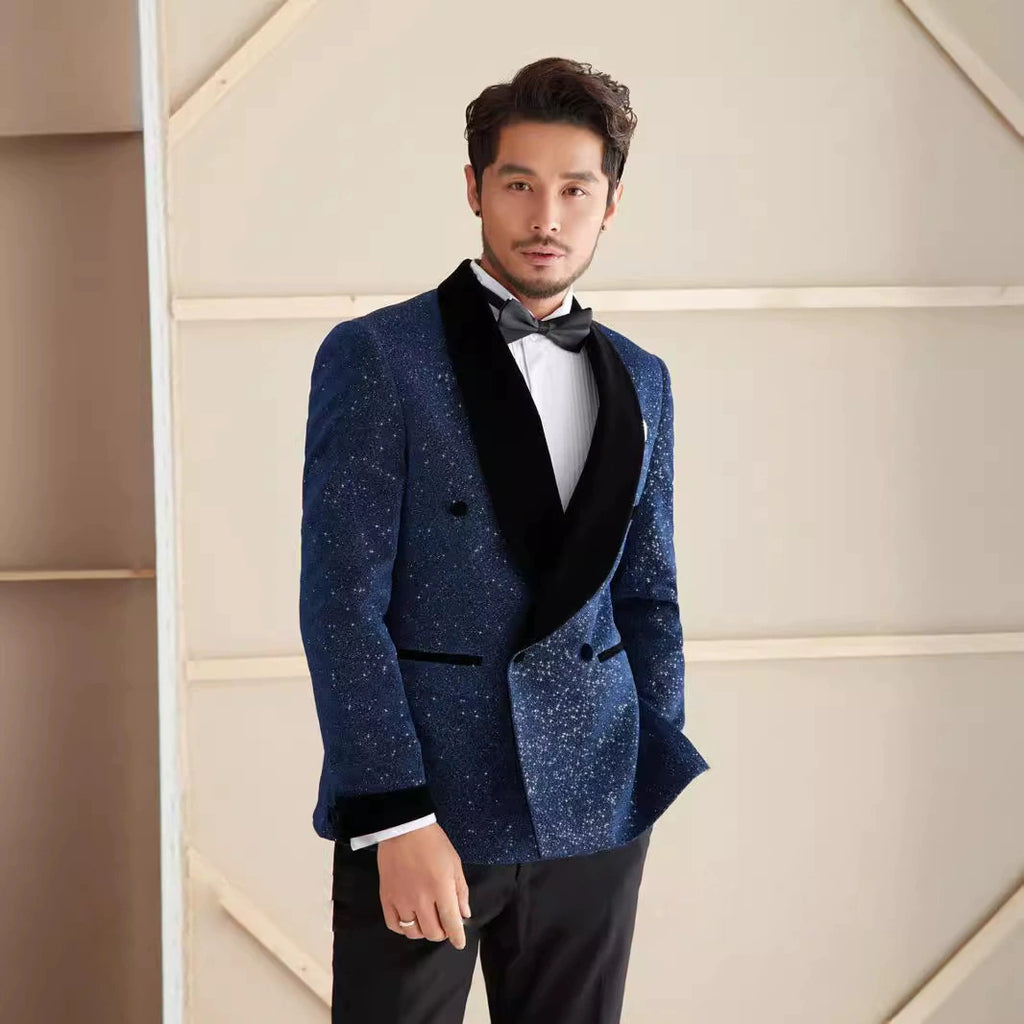 Sparkly men's plus-size collar suit 2 piece single-row one-button Sequins Suit