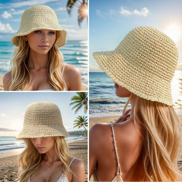 Women's Summer Panama Hat – Wide Brim Foldable Straw Fedora with Breathable Open Weave