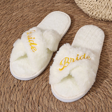 Women's Cross Band Fuzzy Slippers Plush Furry House Slippers Bridesmaid Slippers CN386