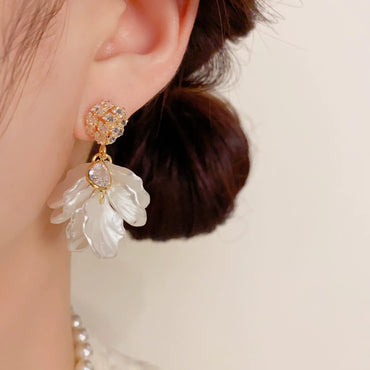 Diamond Studded White Petal Tassel Earrings