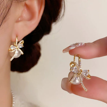 Elegant Zircon Bow Pearl Earrings