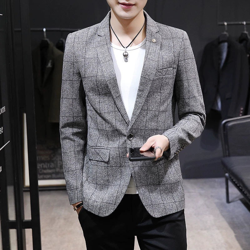 Grey Casual Collar Coat Jacket Slim Button Small Suit Strips Single Jacket