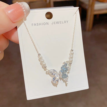 Blue Crystal Butterfly Pearl Necklace Collarbone Chain