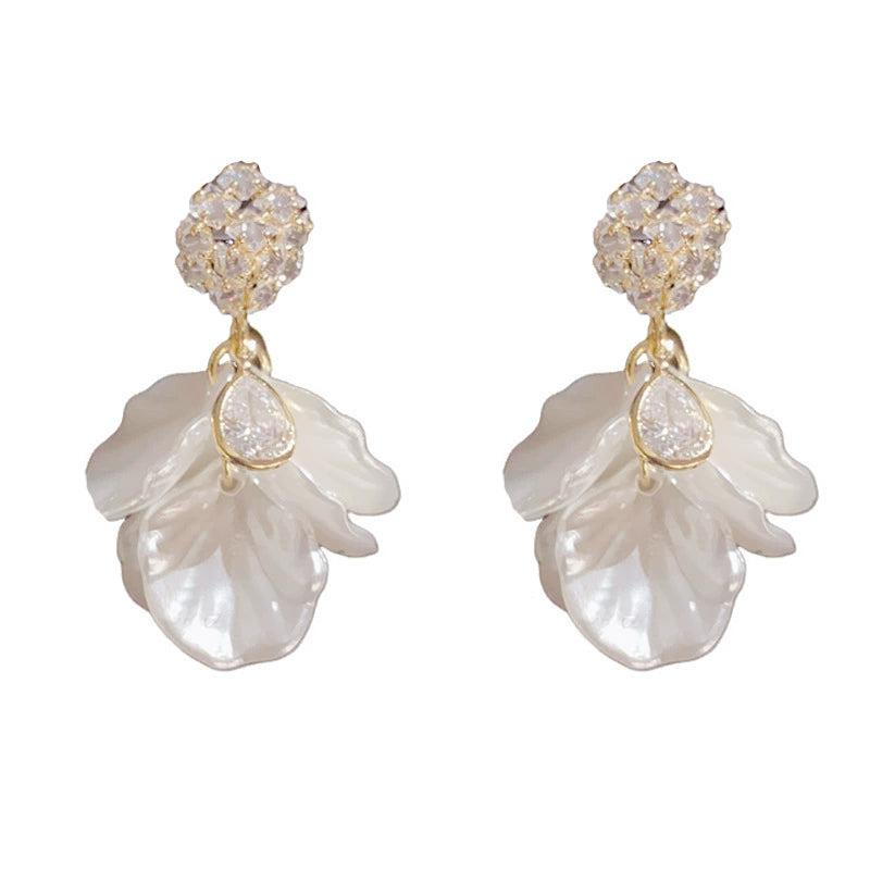 Diamond Studded White Petal Tassel Earrings