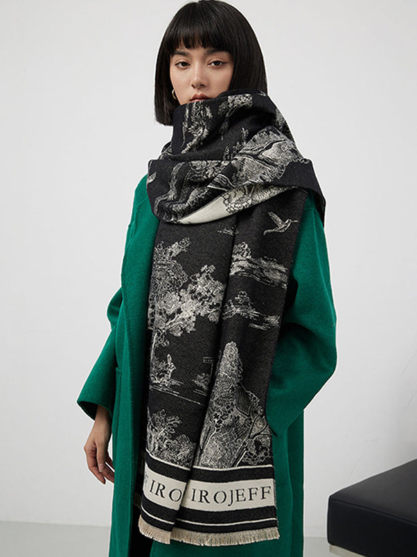 Ladies' Double-Sided Faux Cashmere Black & White Floral Jacquard Warm Scarf Shawl Suitable For Everyday Use In Autumn And Winter Elegant