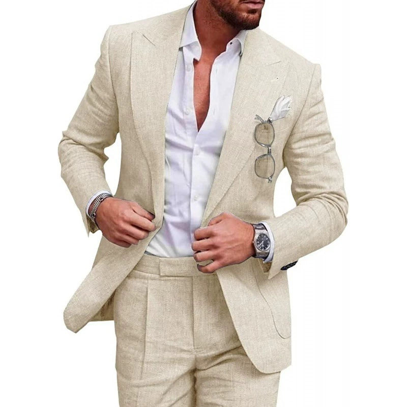 Linen new men's plus-size collar suit 2 piece single-row one-button suit