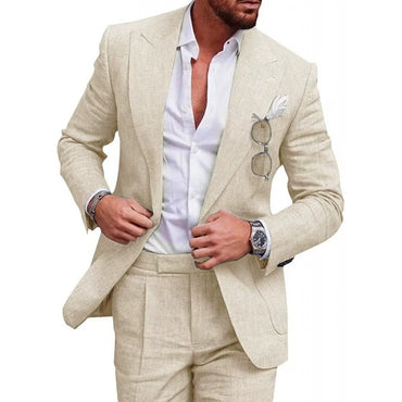 Linen new men's plus-size collar suit 2 piece single-row one-button suit