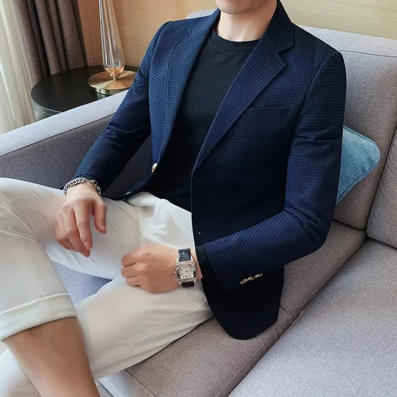 Royal Blue Waffle Suit Men Coat Slim Business Casual Suit Single Coat