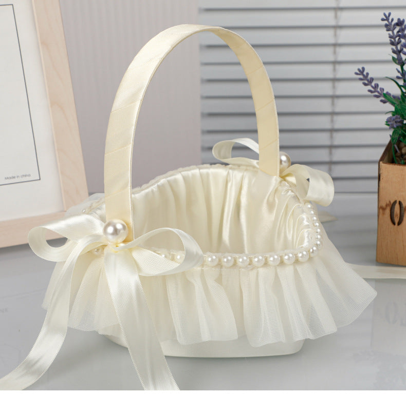 Creamy White Heart-Shaped Flower Basket With Bow Decoration, HL-5816