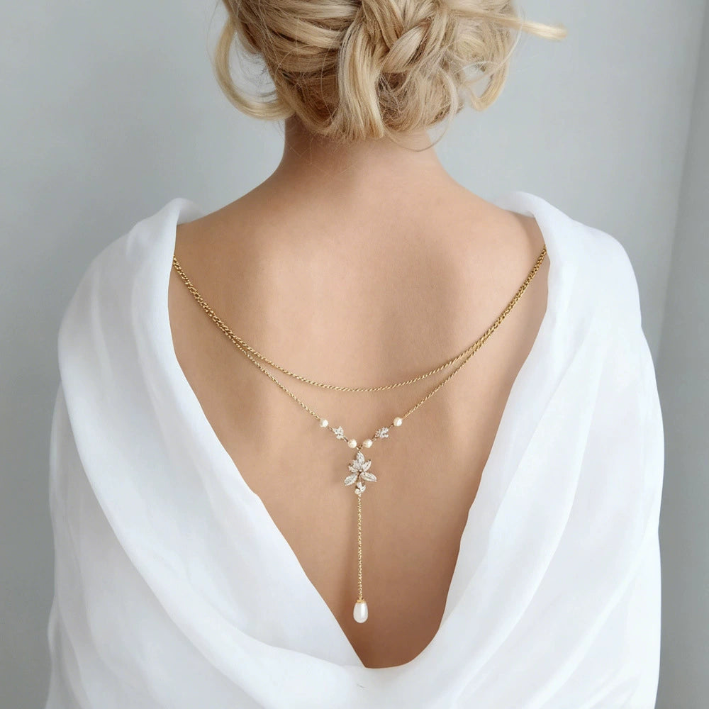 Bridal Wedding Pearl Necklace With Tassel Back Chain