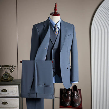 Grey Blue Tencel-wool Blend Fine Twill FabricCasual Men's 3 Pieces Business Mens Suit CN566