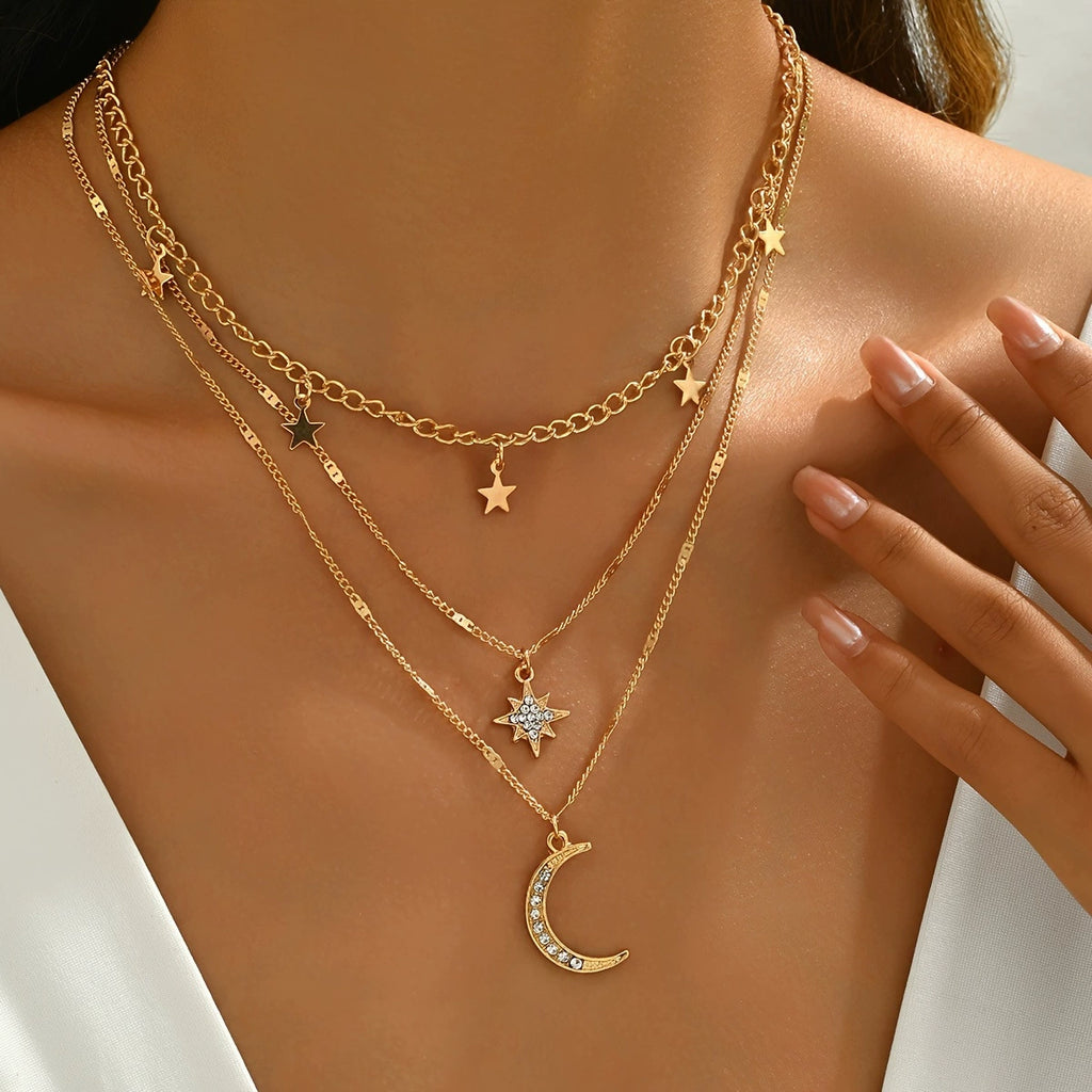 Star Moon Pendant Necklace with Diamonds Multi Layer Stacked Necklace