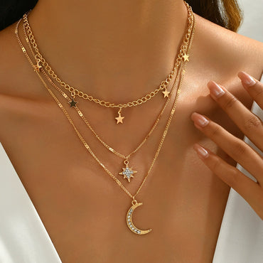 Star Moon Pendant Necklace with Diamonds Multi Layer Stacked Necklace