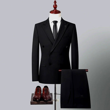 New Men's Black Double-breasted 2 Piece Suit  for Business Wedding