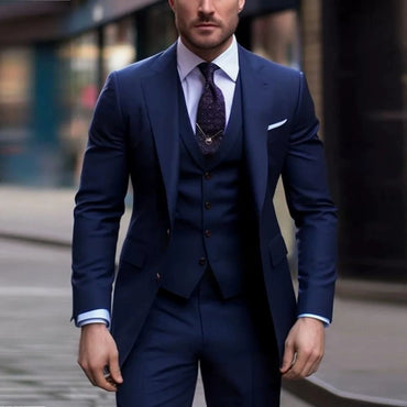 Dark navy Classic 3 Piece Men's Suit with Regular Fit and Sophisticated Peak Lapel