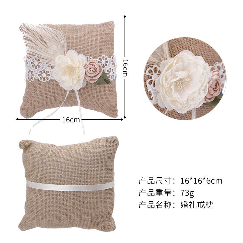 Vintage Scrims Linen Flower Bow Country Style Wedding Ring Pillow, JZH-5957