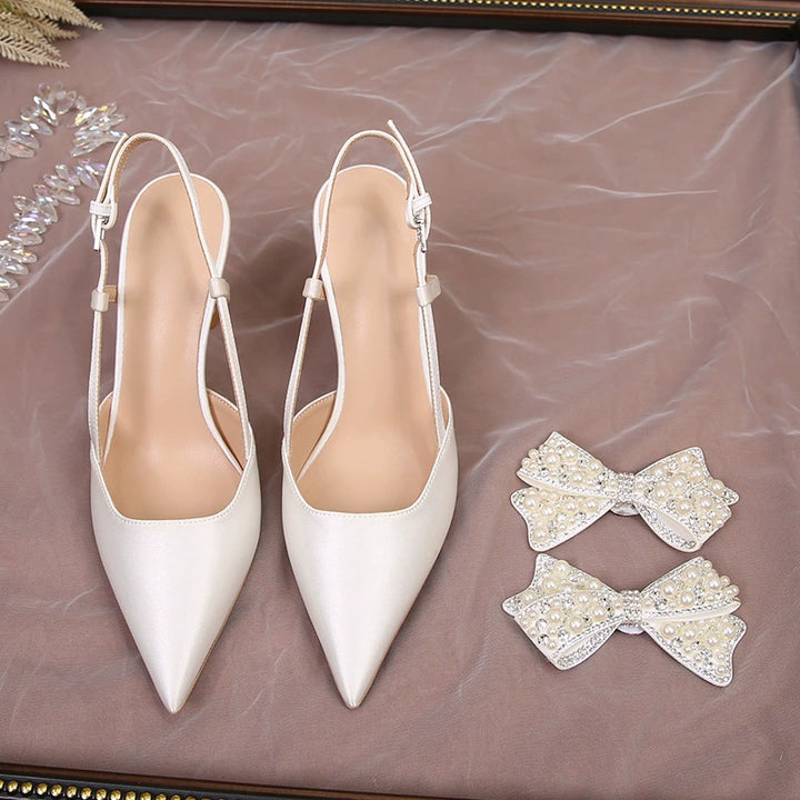 White Detachable Wedding Bride Shoes Summer Satin Bridesmaid Shoes