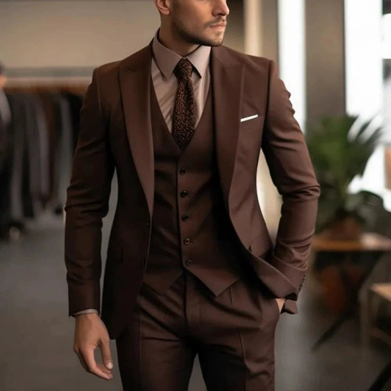 Brown Classic 3 Piece Men's Suit with Regular Fit and Sophisticated Peak Lapel