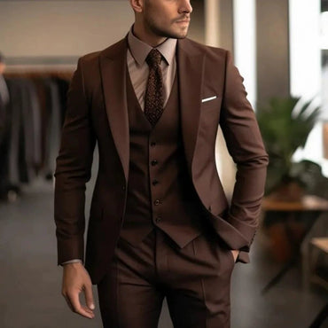 Brown Classic 3 Piece Men's Suit with Regular Fit and Sophisticated Peak Lapel
