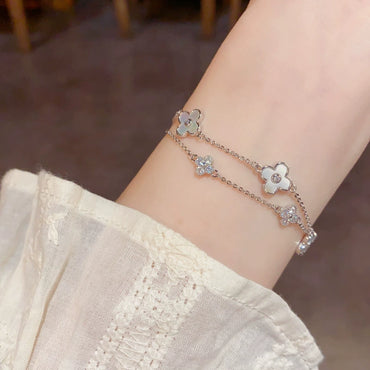 Vintage Jewelry Double Layered Shell Four Leaf Flower Bracelet