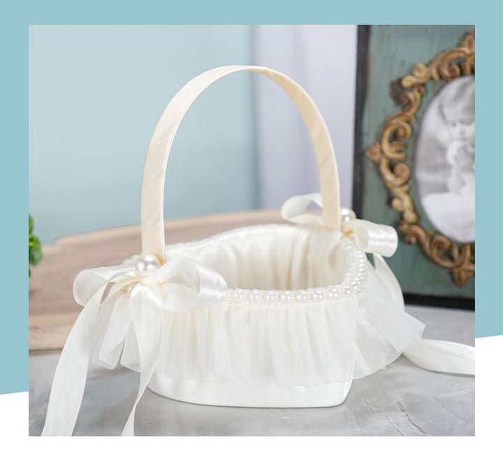 Creamy White Heart-Shaped Flower Basket With Bow Decoration, HL-5816