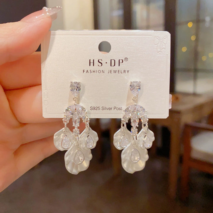 S925 Silver Zircon Petal Tassel Earrings