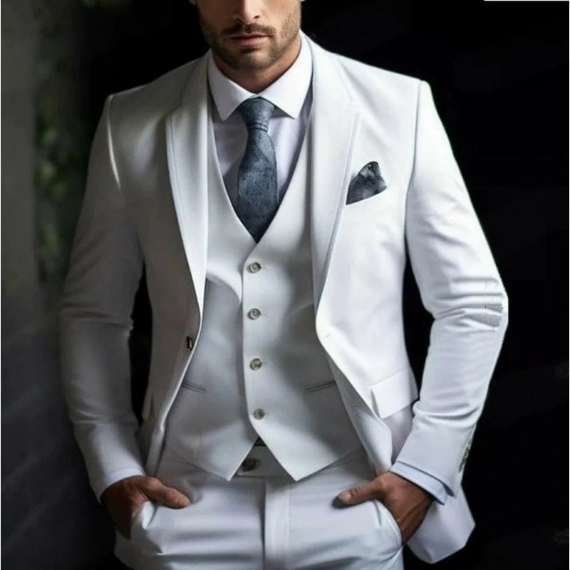 White Classic 3 Piece Men's Suit with Regular Fit and Sophisticated Peak Lapel