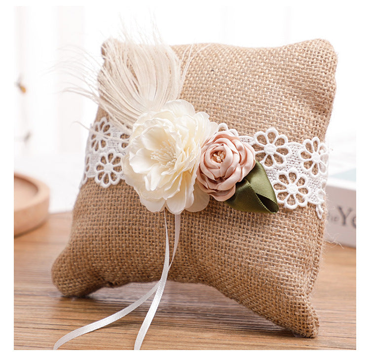 Vintage Scrims Linen Flower Bow Country Style Wedding Ring Pillow, JZH-5957
