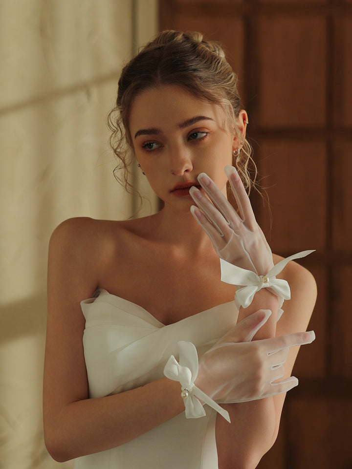 Elegant Short Wedding Gloves Short White Bow Wedding Dinner Party Bride Gloves CN33
