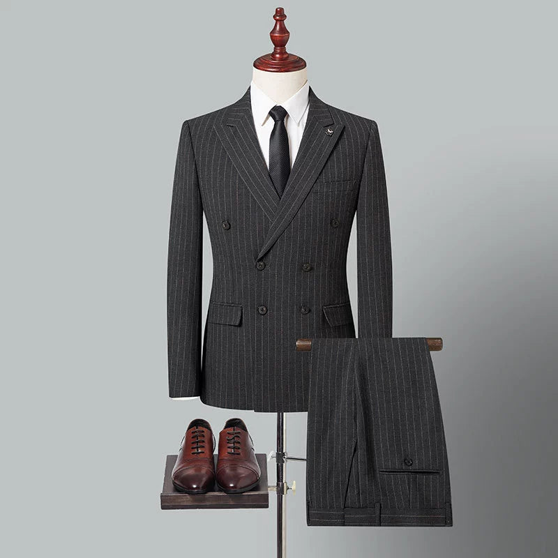 New Men's Grey Stripe Double-breasted 2 Piece Suit  for Business Wedding