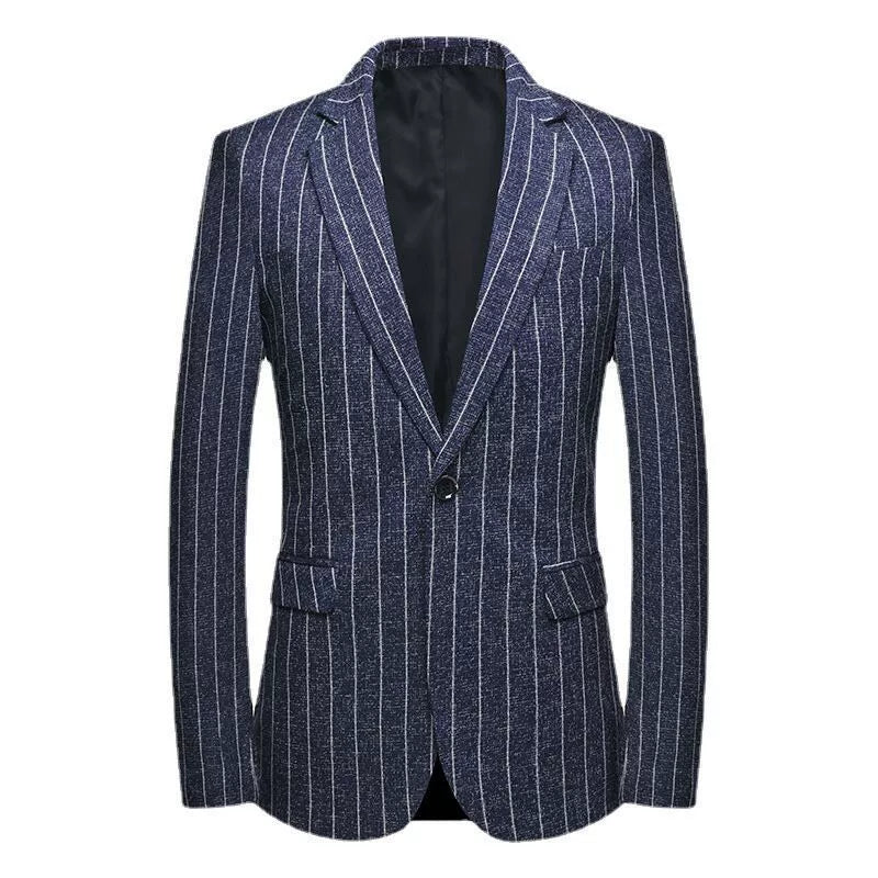 Dark Navy Casual Collar Coat Jacket Slim Button Small Suit Strips Single Jacket