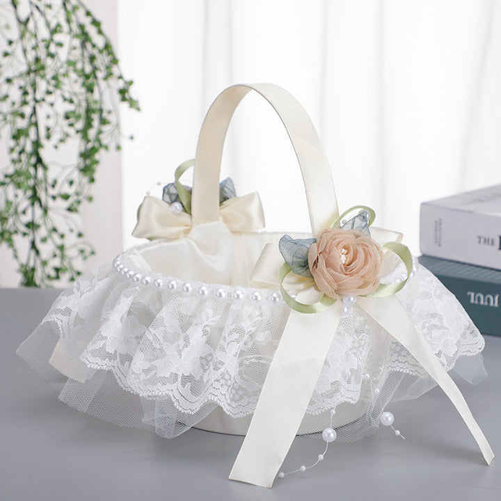 Pearl Bow Flower Decoration Lace Flower Basket Wedding Flower Portable Flower Basket, HL-5737