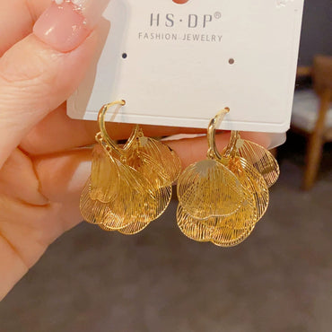 Retro Exaggerated Metal Golden Hollow Ginkgo Leaf Earrings