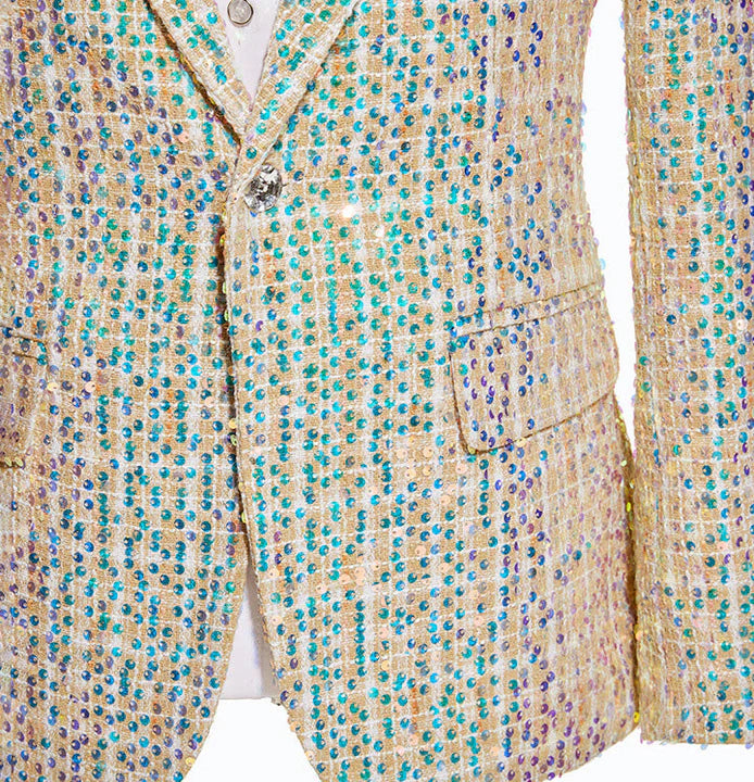 Men's Fashion Champagne Linen Sequin Wedding Tuxedo 2-Piece Set CN452