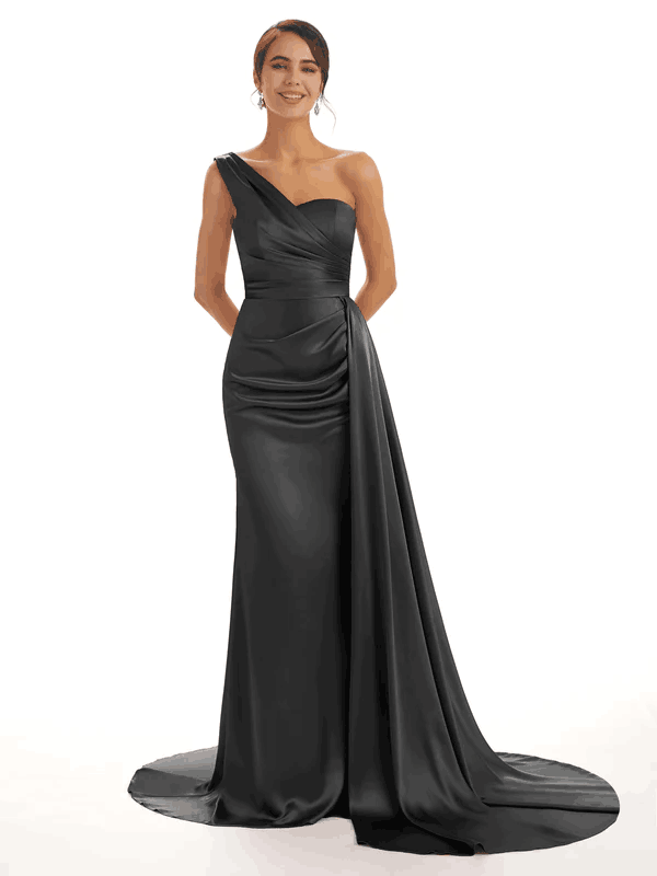 Elegant One Shoulder Soft Satin Pleats Mermaid Long Bridesmaid Dresses Online  In Stock