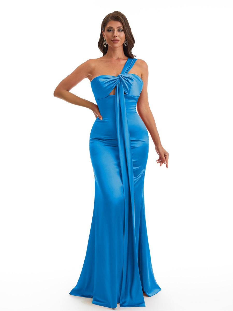 Elegant One Shoulder Mermaid Satin Ruched Unique Long Bridesmaid Dresses