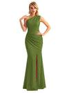 Sexy One Shoulder Mermaid Glitter Jersey Maxi Formal Evening Dresses For Women With Side Slit