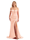 Peach Lace Slit Tulle Neckline Satin Off Shoulder Boho Bridesmaid Dresses