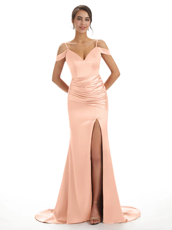 Sexy Off The Shoulder Soft Satin Side Split Long Mermaid Bridesmaid Dresses In Stock