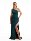 Simple Side Split One Shoulder Stretchy Crepe Long Formal Bridesmaid Dresses