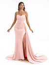 Simple Soft Satin Side Slit Spaghetti Straps Long Mermaid Bridesmaid Dresses Online