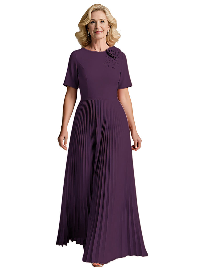 Elegant Scoop Half Sleeves A-line Chiffon Pleats Mother of the Brides Dresses
