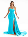 Simple Soft Satin Side Slit Spaghetti Straps Long Mermaid Bridesmaid Dresses Online