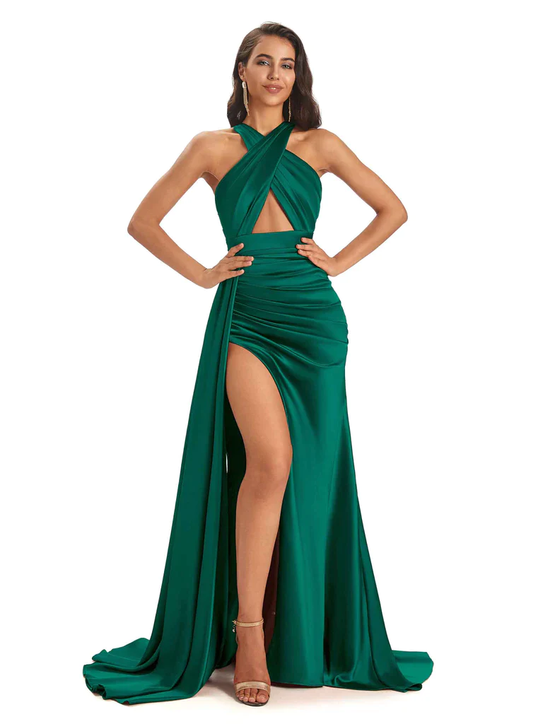 Emerald Sexy Side Slit Floor-Length Mismatched Soft Satin Mermaid Long Bridesmaid Dresses Online