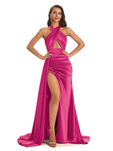 Sexy Soft Satin Halter Side Slit Floor-Length Mermaid Bridesmaid Dresses In Stock