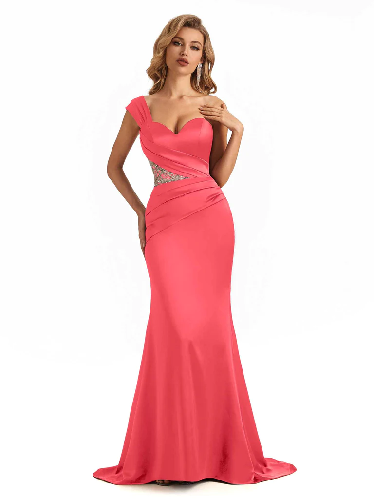 Sexy Soft Satin Lace One Shoulder Mermaid Bridesmaid Dresses Online In Stock