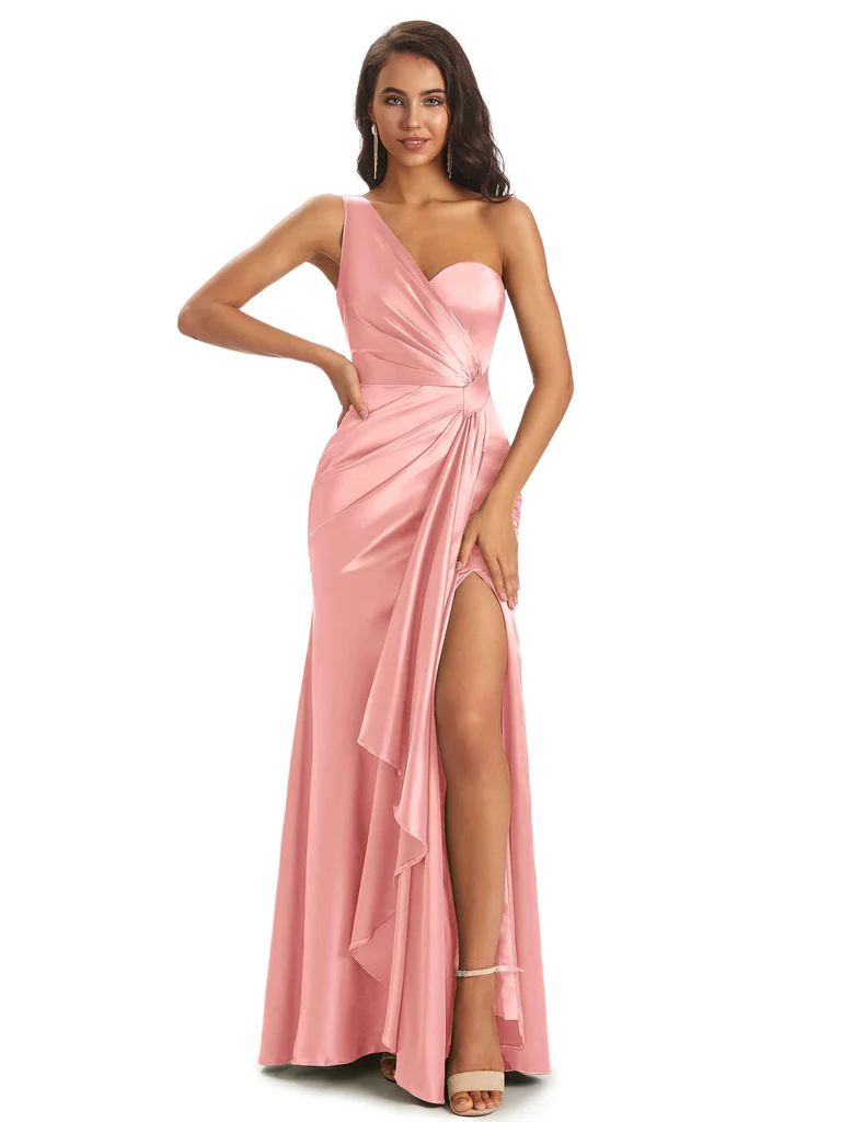 Floor-Length Soft Satin Side Slit One Shoulder Sexy Mermaid Bridesmaid Dresses Online In Stock