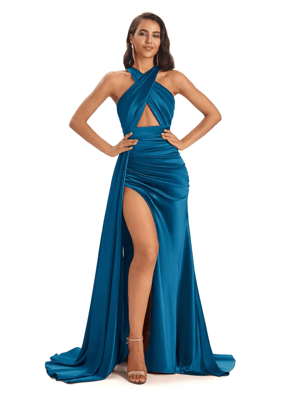 Sexy Soft Satin Halter Side Slit Floor-Length Mermaid Bridesmaid Dresses In Stock