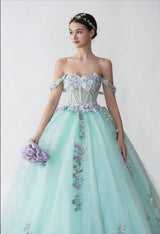 Floral A-line Mint Off Shoulder Maxi Long Party Prom Dresses, Evening Dresses